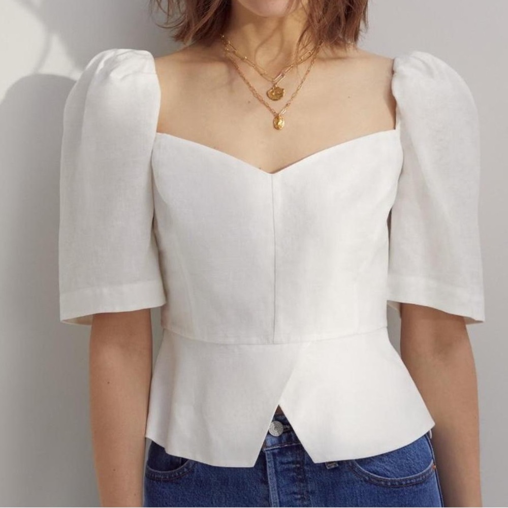 Aritzia Fatale Linen White Puff Sleeve Top